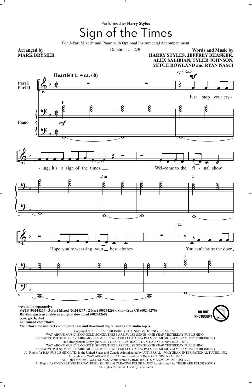 Harry Styles Sign Of The Times (arr. Mark Brymer) Sheet Music Notes & Chords for 3-Part Mixed Choir - Download or Print PDF