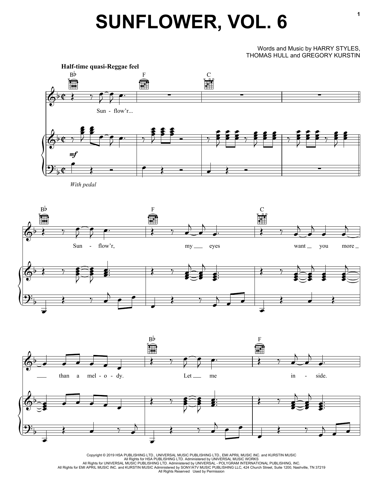 Harry Styles Sunflower, Vol. 6 Sheet Music Notes & Chords for Piano, Vocal & Guitar (Right-Hand Melody) - Download or Print PDF