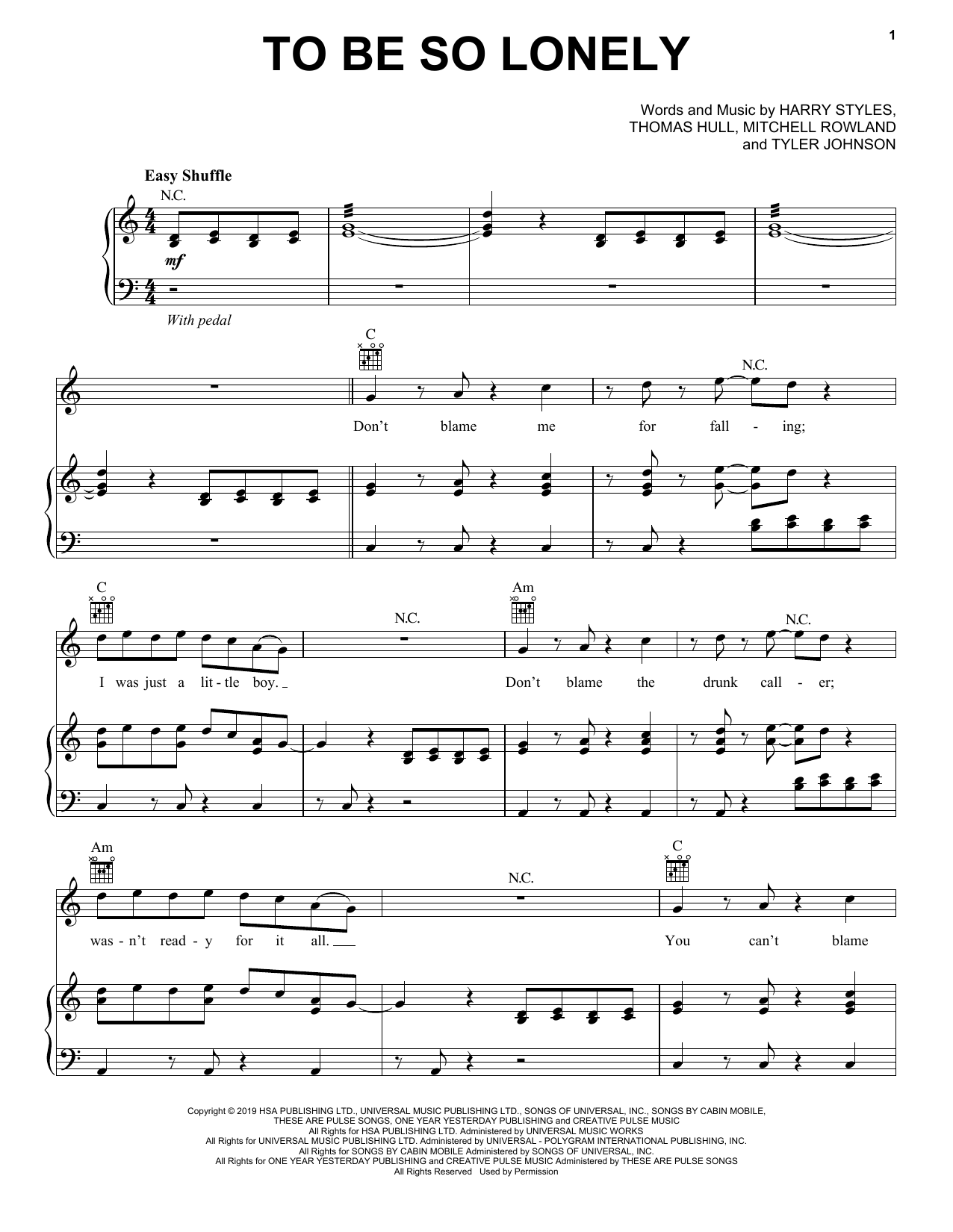 Harry Styles To Be So Lonely Sheet Music Notes & Chords for Piano, Vocal & Guitar (Right-Hand Melody) - Download or Print PDF