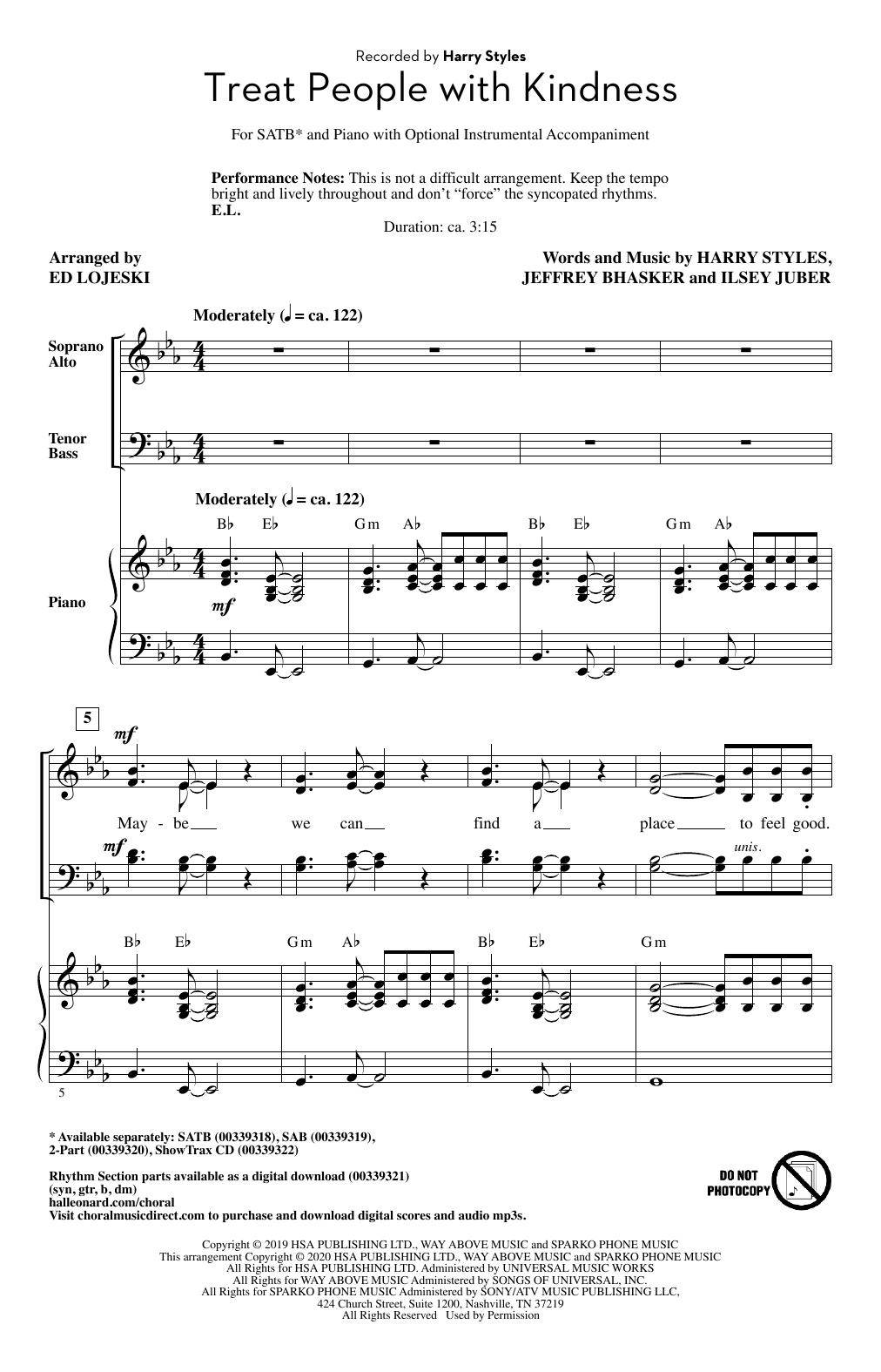 Harry Styles Treat People With Kindness (arr. Ed Lojeski) Sheet Music Notes & Chords for SAB Choir - Download or Print PDF