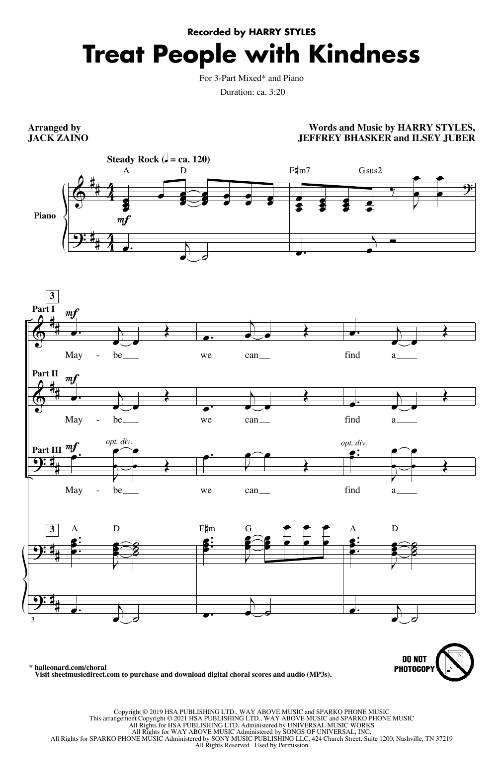 Harry Styles Treat People With Kindness (arr. Jack Zaino) Sheet Music Notes & Chords for 3-Part Mixed Choir - Download or Print PDF
