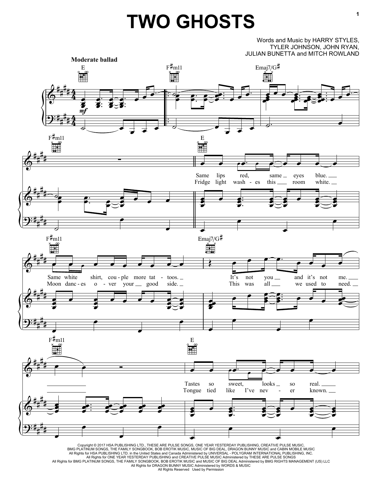 Harry Styles Two Ghosts Sheet Music Notes & Chords for Piano, Vocal & Guitar (Right-Hand Melody) - Download or Print PDF