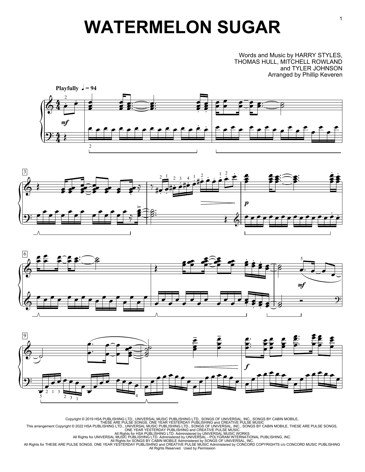 Harry Styles Watermelon Sugar (arr. Phillip Keveren) Sheet Music Notes & Chords for Piano Solo - Download or Print PDF