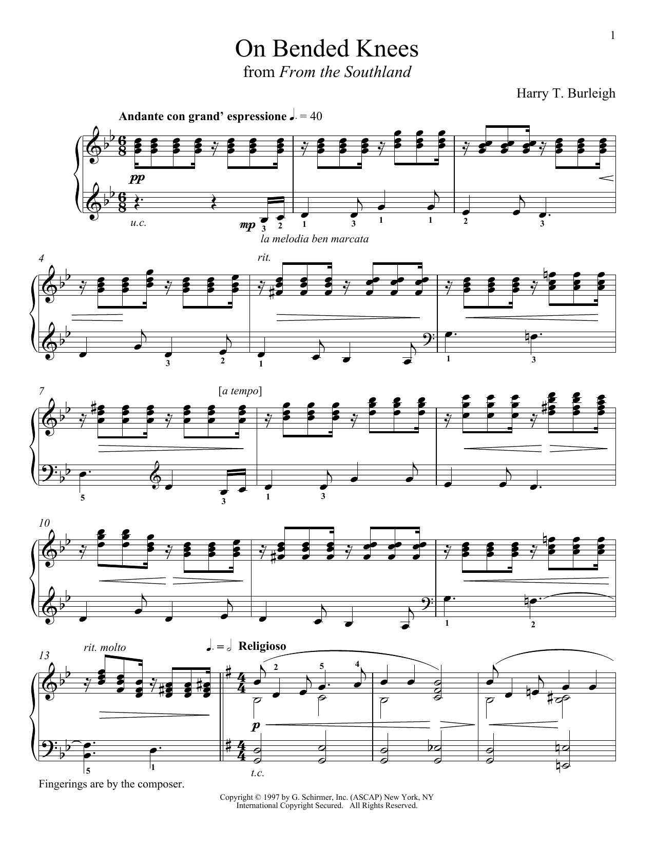 Harry T. Burleigh On Bended Knees Sheet Music Notes & Chords for Piano - Download or Print PDF
