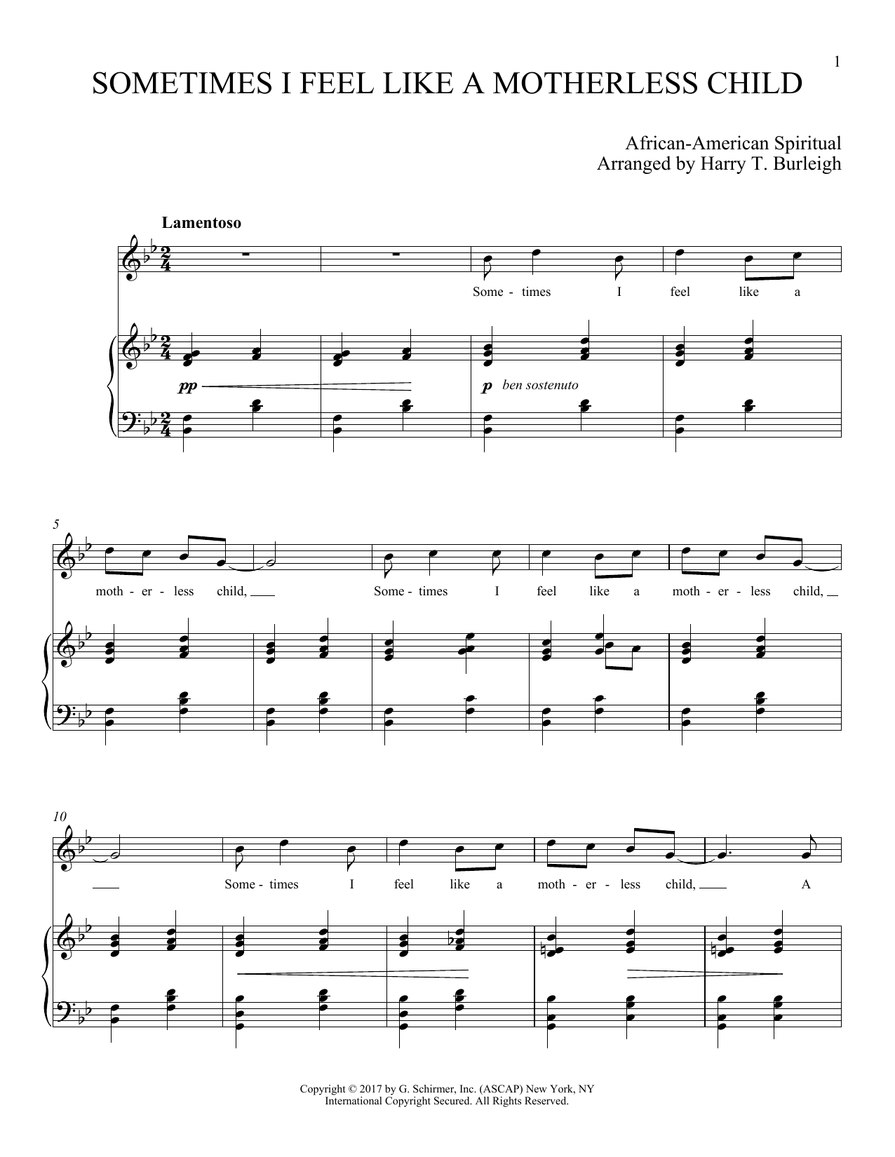 Harry T. Burleigh Sometimes I Feel Like A Motherless Child Sheet Music Notes & Chords for Piano & Vocal - Download or Print PDF