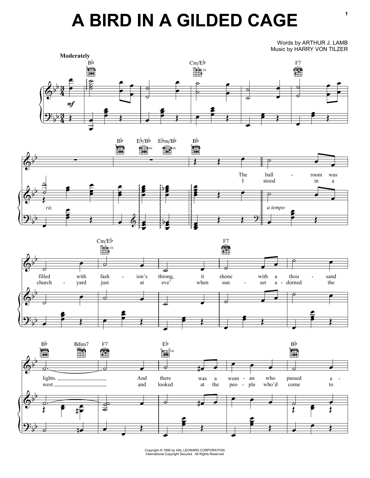 Harry Von Tilzer A Bird In A Gilded Cage Sheet Music Notes & Chords for Piano, Vocal & Guitar Chords (Right-Hand Melody) - Download or Print PDF