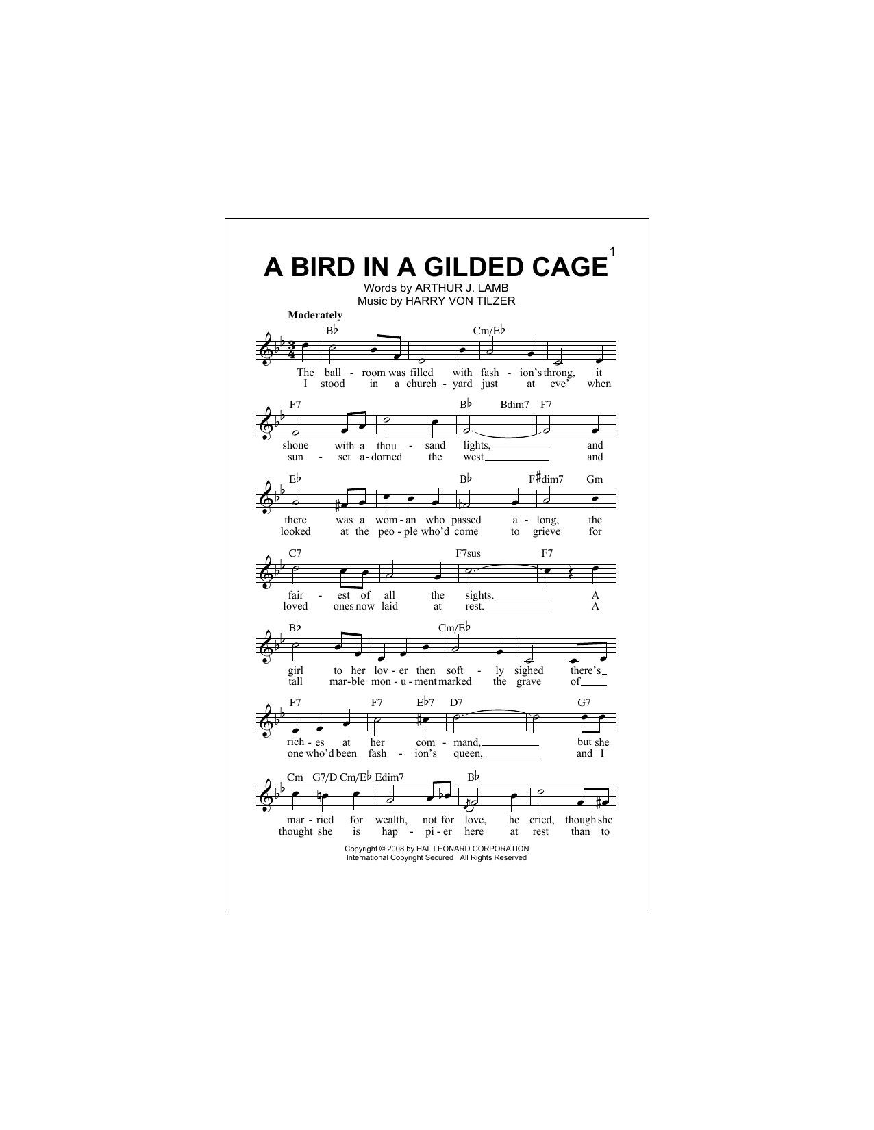 Harry von Tilzer A Bird In A Gilded Cage Sheet Music Notes & Chords for Melody Line, Lyrics & Chords - Download or Print PDF