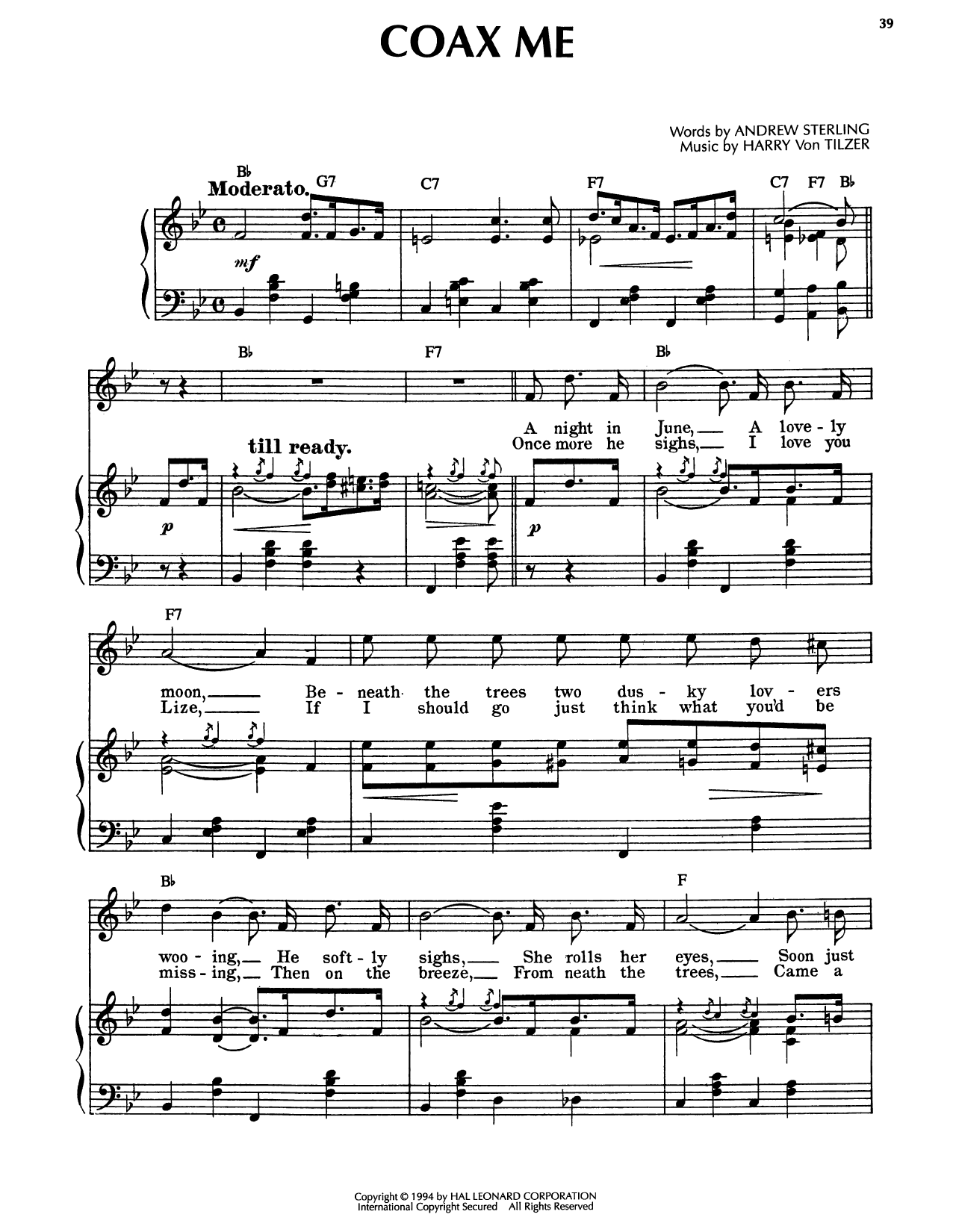 Harry Von Tilzer Coax Me Sheet Music Notes & Chords for Piano, Vocal & Guitar Chords (Right-Hand Melody) - Download or Print PDF