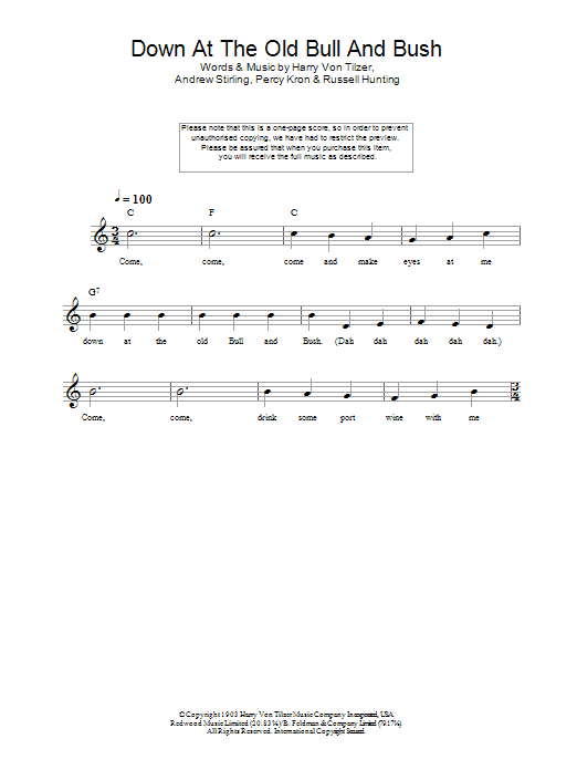 Harry Von Tilzer Down At The Old Bull And Bush Sheet Music Notes & Chords for Melody Line, Lyrics & Chords - Download or Print PDF