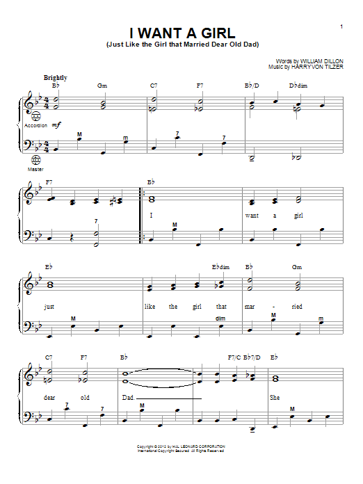 Gary Meisner I Want A Girl (Just Like The Girl That Married Dear Old Dad) Sheet Music Notes & Chords for Accordion - Download or Print PDF