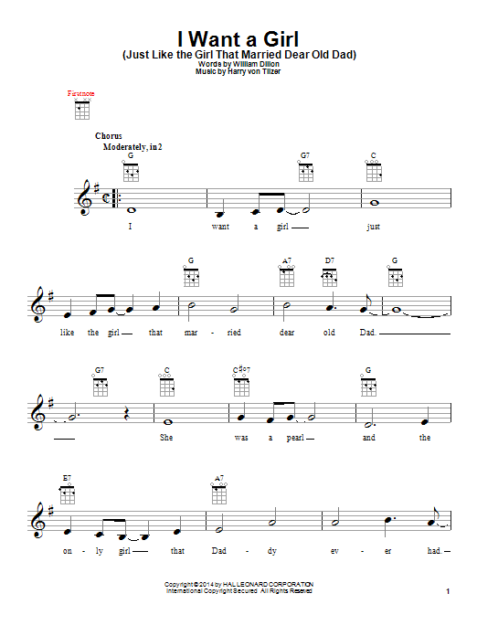 Harry von Tilzer I Want A Girl (Just Like The Girl That Married Dear Old Dad) Sheet Music Notes & Chords for Melody Line, Lyrics & Chords - Download or Print PDF