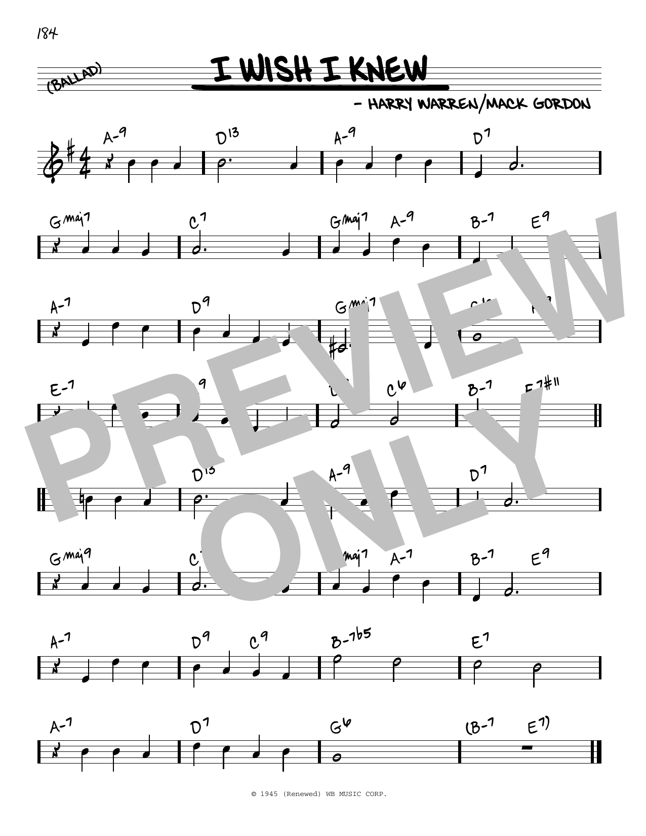 Harry Warren and Mack Gordon I Wish I Knew Sheet Music Notes & Chords for Real Book – Melody & Chords - Download or Print PDF