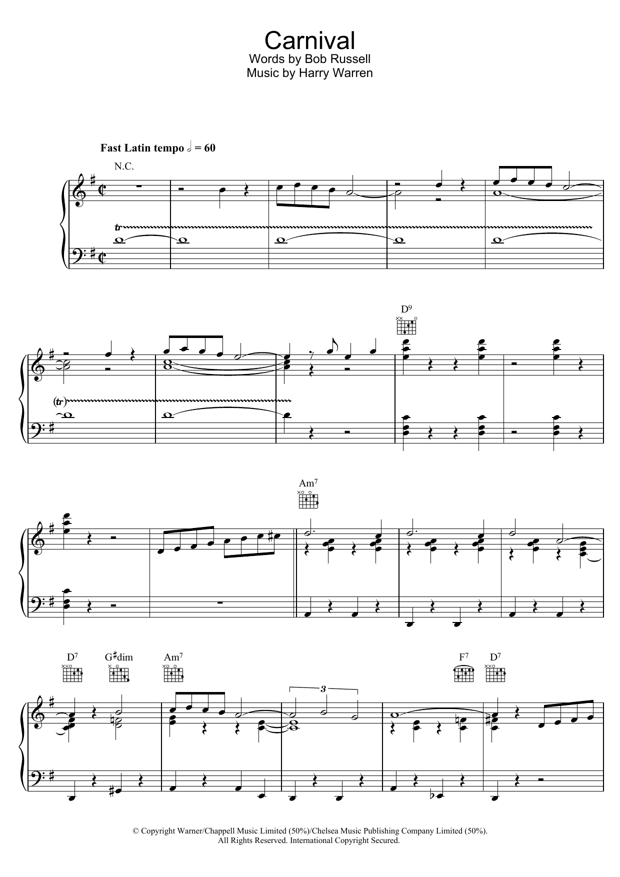 Harry Warren Carnival Sheet Music Notes & Chords for Piano - Download or Print PDF