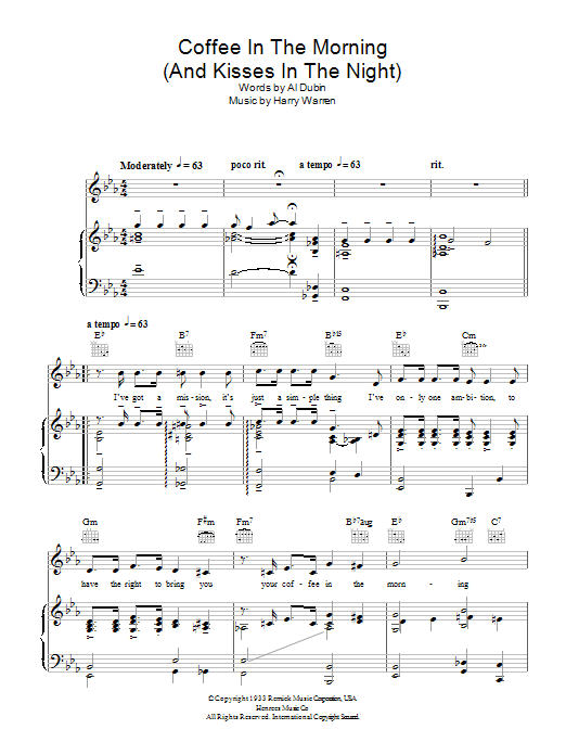 Harry Warren Coffee In The Morning (And Kisses In The Night) Sheet Music Notes & Chords for Piano, Vocal & Guitar (Right-Hand Melody) - Download or Print PDF