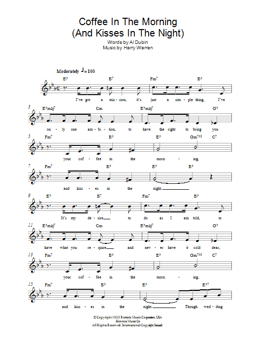 Harry Warren Coffee In The Morning (And Kisses In The Night) Sheet Music Notes & Chords for Melody Line, Lyrics & Chords - Download or Print PDF