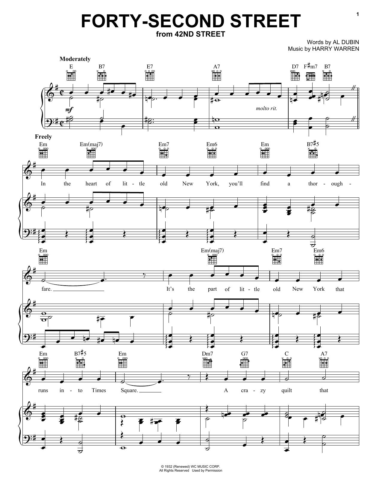 Harry Warren Forty Second Street Sheet Music Notes & Chords for Piano, Vocal & Guitar (Right-Hand Melody) - Download or Print PDF