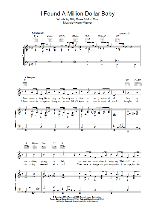 Harry Warren I Found A Million Dollar Baby (In A Five And Ten Store) Sheet Music Notes & Chords for Piano, Vocal & Guitar (Right-Hand Melody) - Download or Print PDF Harry Warren I Found A Million Dollar Baby (In A Five And Ten Store) Sheet Music Notes & Chords for Piano, Vocal & Guitar (Right-Hand Melody) - Download or Print PDF
