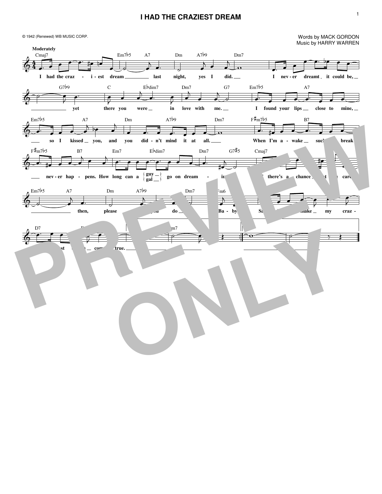 Harry Warren I Had The Craziest Dream Sheet Music Notes & Chords for Melody Line, Lyrics & Chords - Download or Print PDF