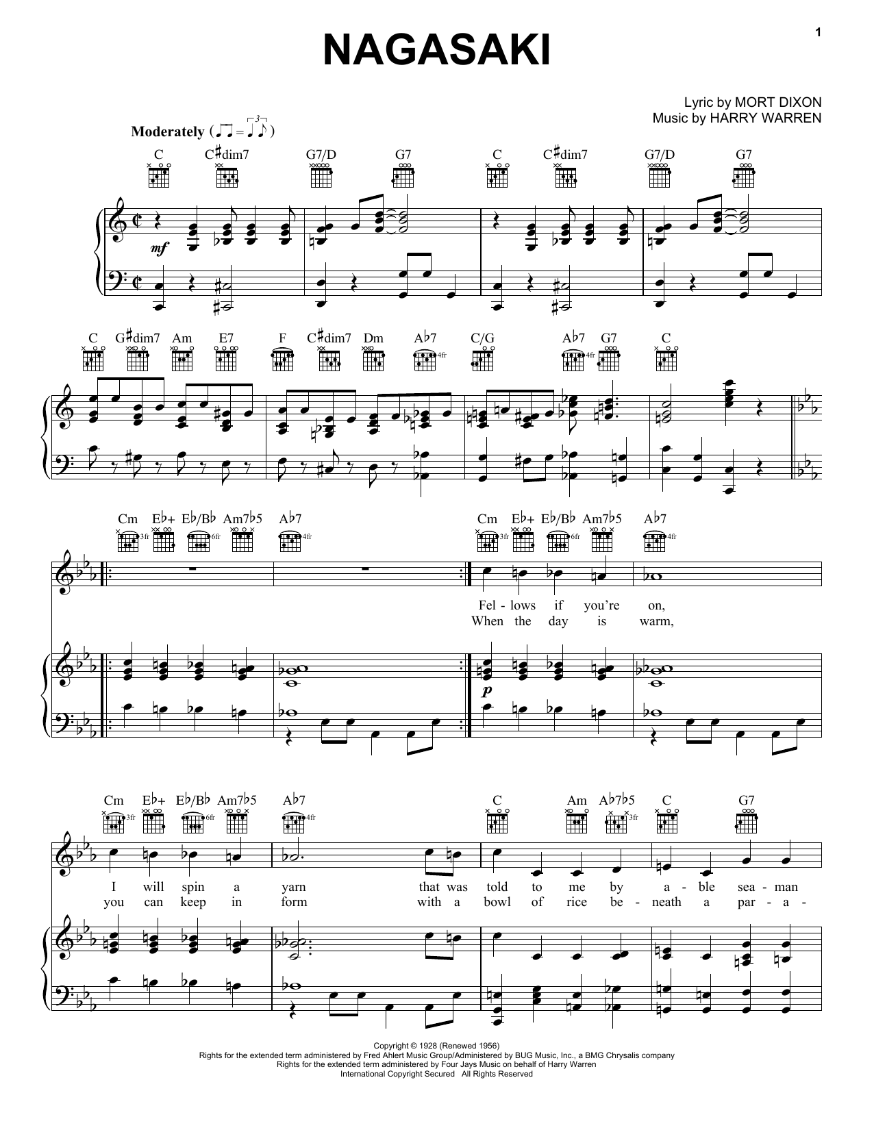 Harry Warren Nagasaki Sheet Music Notes & Chords for Piano, Vocal & Guitar (Right-Hand Melody) - Download or Print PDF