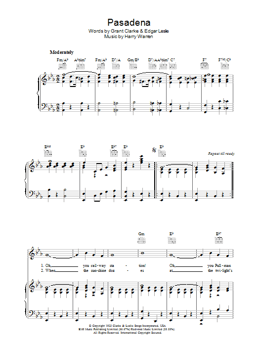 Harry Warren Pasadena Sheet Music Notes & Chords for Piano, Vocal & Guitar (Right-Hand Melody) - Download or Print PDF