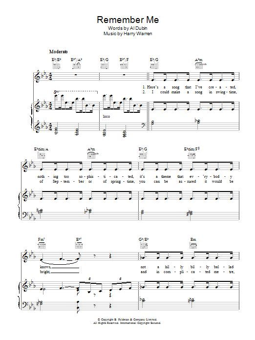 Harry Warren Remember Me Sheet Music Notes & Chords for Piano, Vocal & Guitar (Right-Hand Melody) - Download or Print PDF