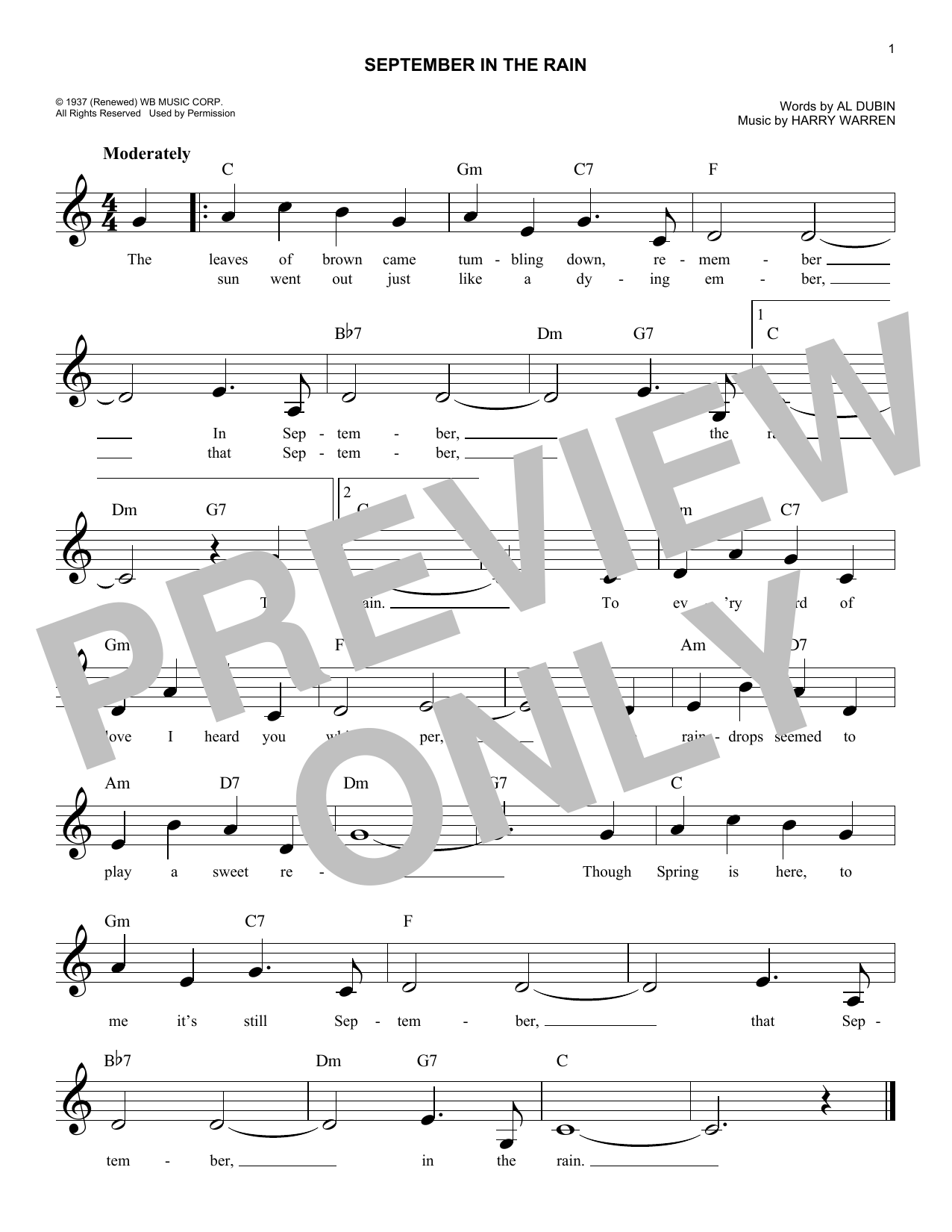 Harry Warren September In The Rain Sheet Music Notes & Chords for Piano, Vocal & Guitar (Right-Hand Melody) - Download or Print PDF