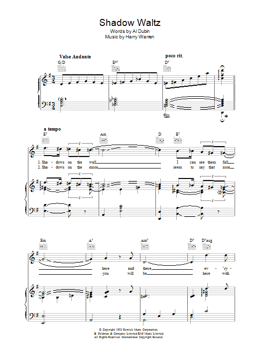 Harry Warren Shadow Waltz Sheet Music Notes & Chords for Piano, Vocal & Guitar (Right-Hand Melody) - Download or Print PDF