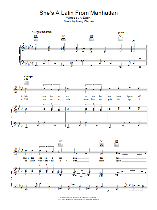 Harry Warren She's A Latin From Manhattan Sheet Music Notes & Chords for Piano, Vocal & Guitar (Right-Hand Melody) - Download or Print PDF