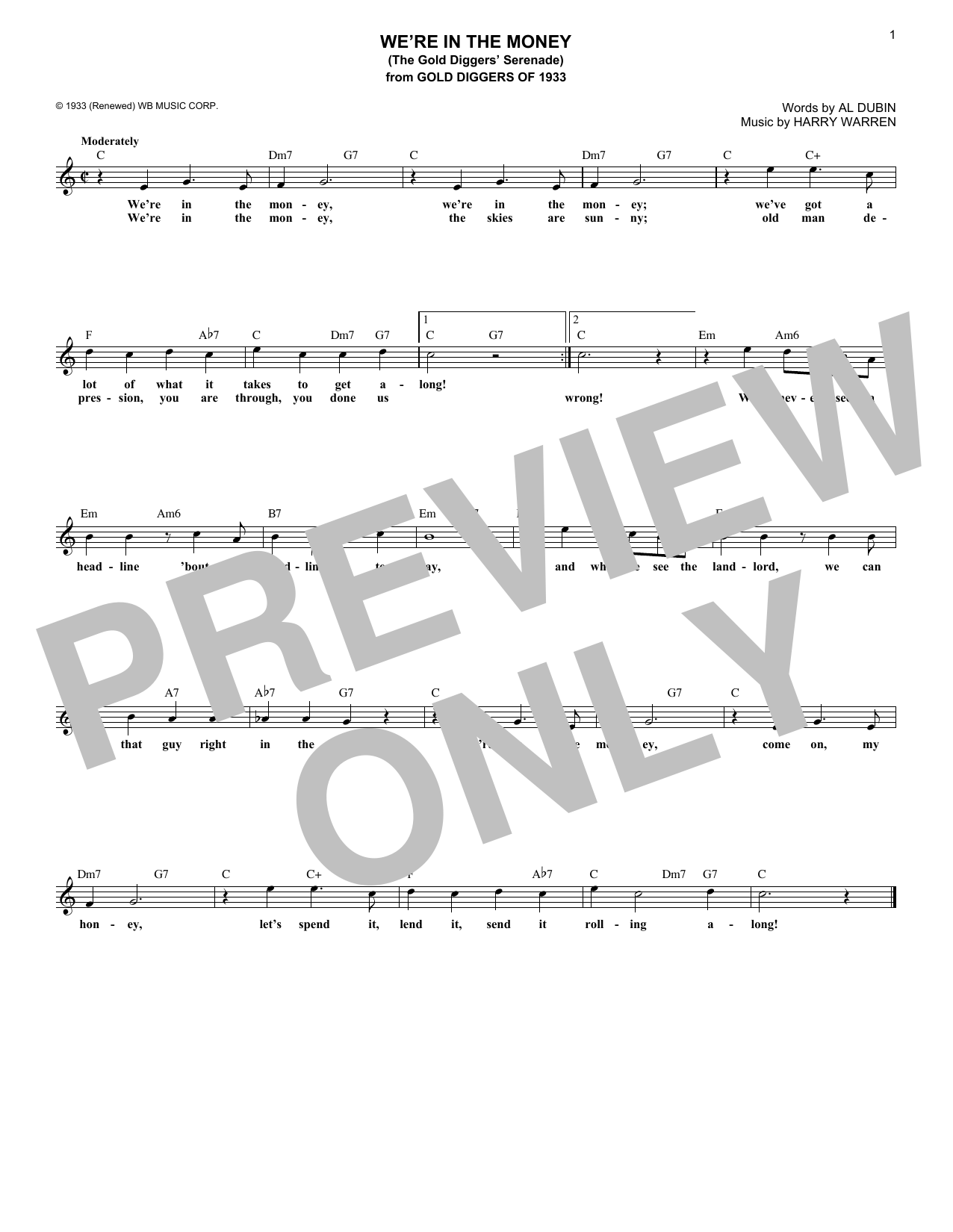 Harry Warren We're In The Money (The Gold Diggers Serenade) Sheet Music Notes & Chords for Piano, Vocal & Guitar (Right-Hand Melody) - Download or Print PDF