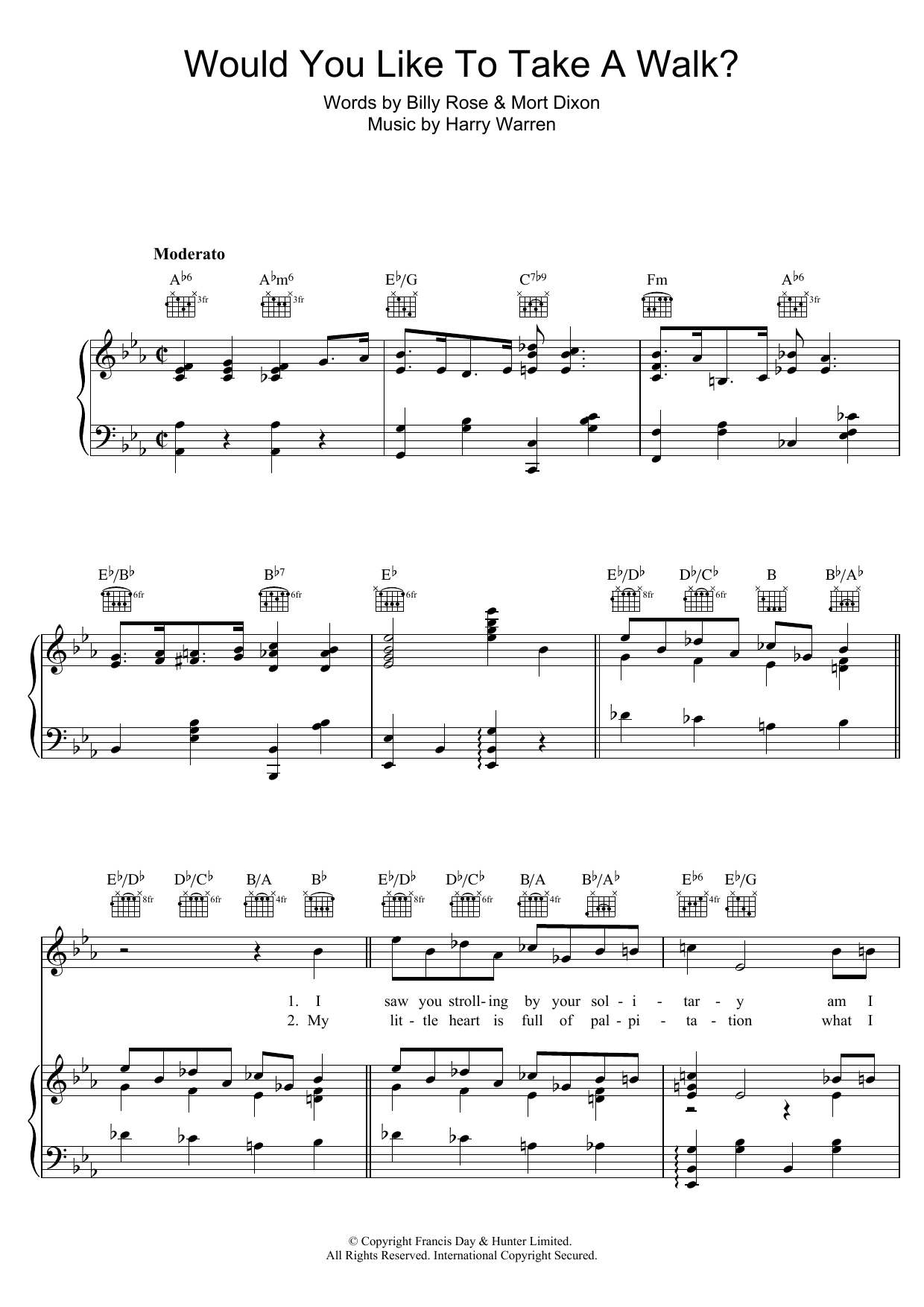 Harry Warren Would You Like To Take A Walk? Sheet Music Notes & Chords for Piano, Vocal & Guitar (Right-Hand Melody) - Download or Print PDF
