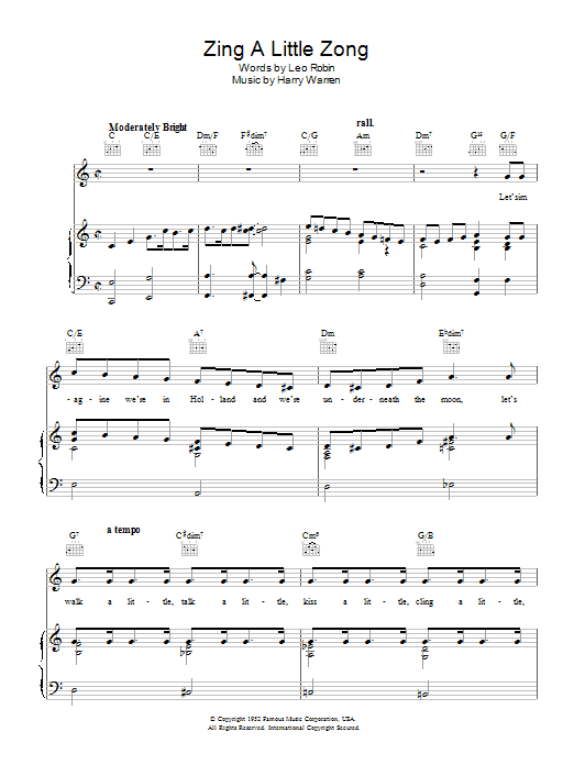 Harry Warren Zing A Little Zong Sheet Music Notes & Chords for Piano, Vocal & Guitar (Right-Hand Melody) - Download or Print PDF