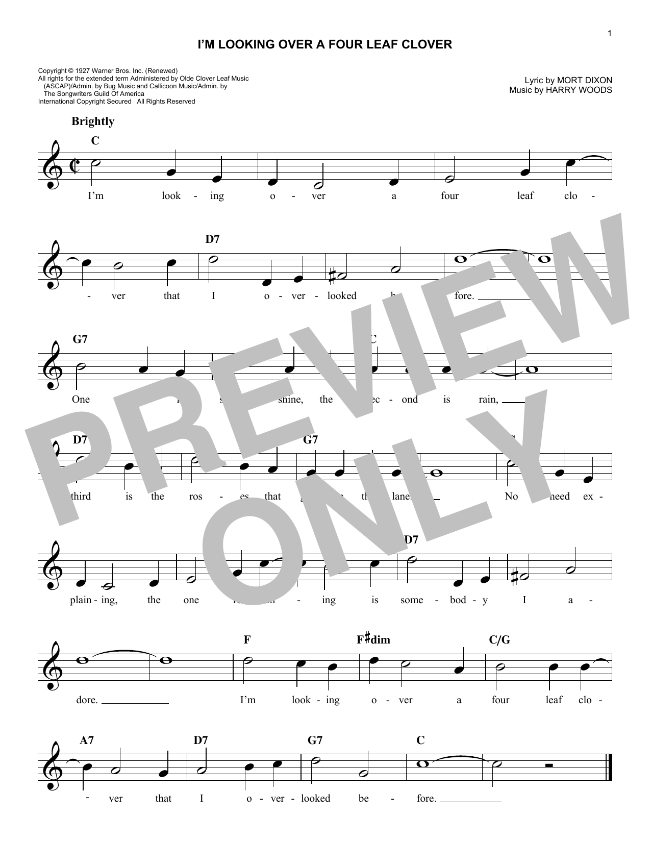 Harry Woods I'm Looking Over A Four Leaf Clover Sheet Music Notes & Chords for Melody Line, Lyrics & Chords - Download or Print PDF