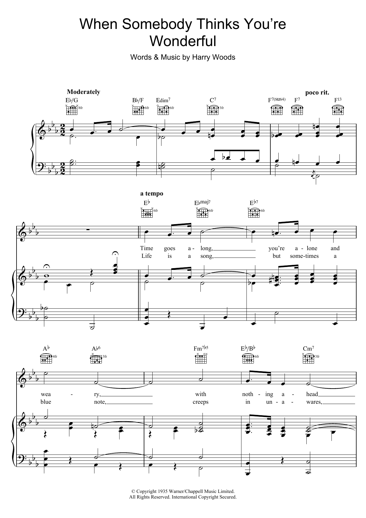 Harry Woods When Somebody Thinks You're Wonderful Sheet Music Notes & Chords for Piano, Vocal & Guitar (Right-Hand Melody) - Download or Print PDF
