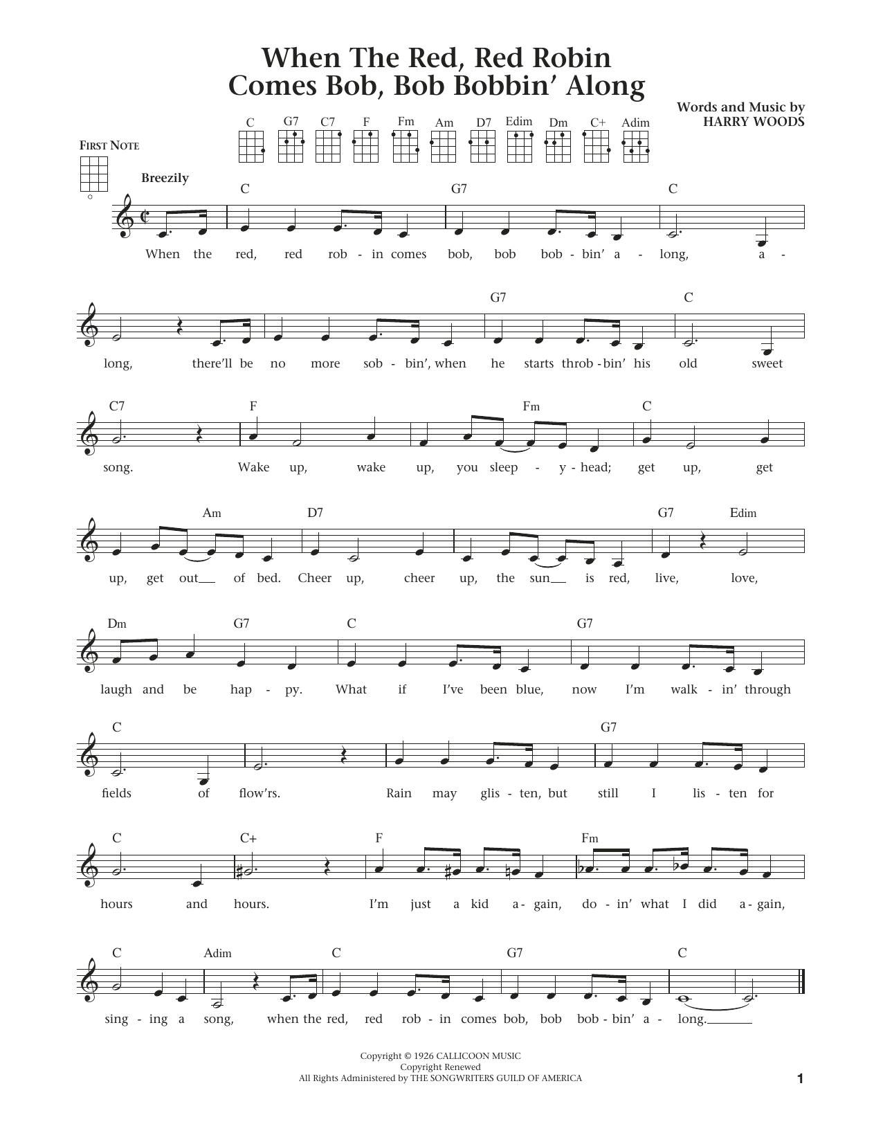 Harry Woods When The Red, Red Robin Comes Bob, Bob Bobbin' Along (The Daily Ukulele) (arr. Liz and Jim Beloff) Sheet Music Notes & Chords for Ukulele - Download or Print PDF