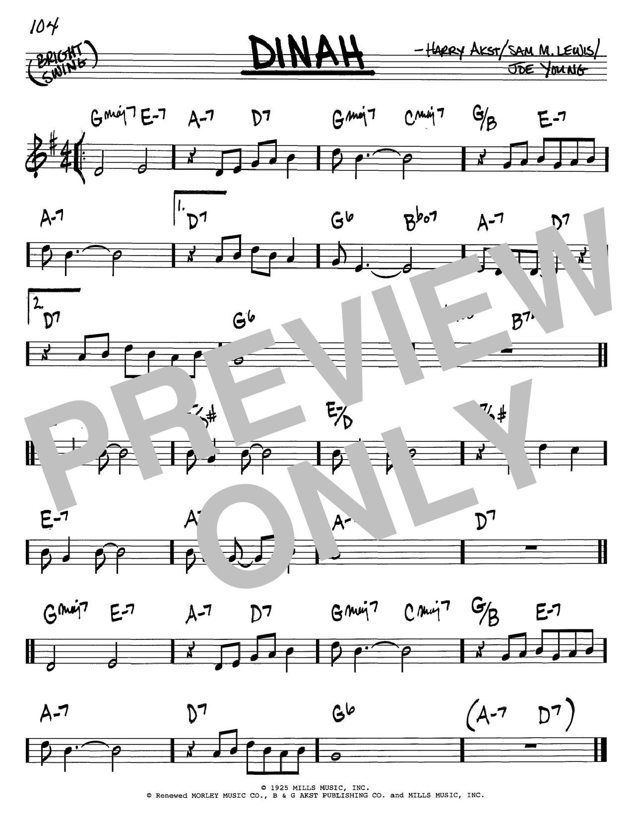 Preview Harry Akst Dinah Standards sheet music, notes and chords for Lead Sheet / Fake Book, SKU: 373271 Dinah sheet music