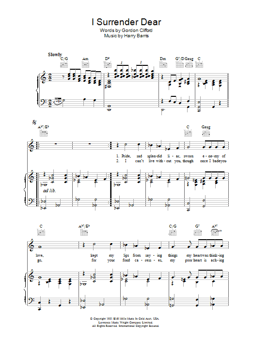 Preview Harry Barris I Surrender, Dear Pop sheet music, notes and chords for Piano, Vocal & Guitar (Right-Hand Melody), SKU: 37469 I Surrender, Dear sheet music