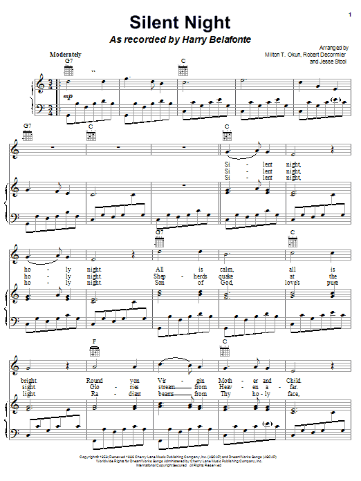 Preview Harry Belafonte Silent Night Pop sheet music, notes and chords for Piano, Vocal & Guitar (Right-Hand Melody), SKU: 24047 sheet music, piano notes, chords, guitar tabs, score, transpose, transcribe, how to play, guide, download, learn, tutorial, progression, song, artist, awards, billboard, mtv, vh1, tour, single, album, release