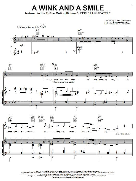 Preview Harry Connick Jr. A Wink And A Smile Jazz sheet music, notes and chords for Piano, Vocal & Guitar (Right-Hand Melody), SKU: 50981 A Wink And A Smile sheet music
