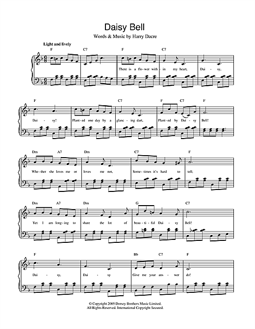 Preview Harry Dacre Daisy Bell Classics sheet music, notes and chords for Piano, Vocal & Guitar (Right-Hand Melody), SKU: 18943 sheet music, piano notes, chords, guitar tabs, score, transpose, transcribe, how to play, guide, download, learn, tutorial, progression, song, artist, awards, billboard, mtv, vh1, tour, single, album, release