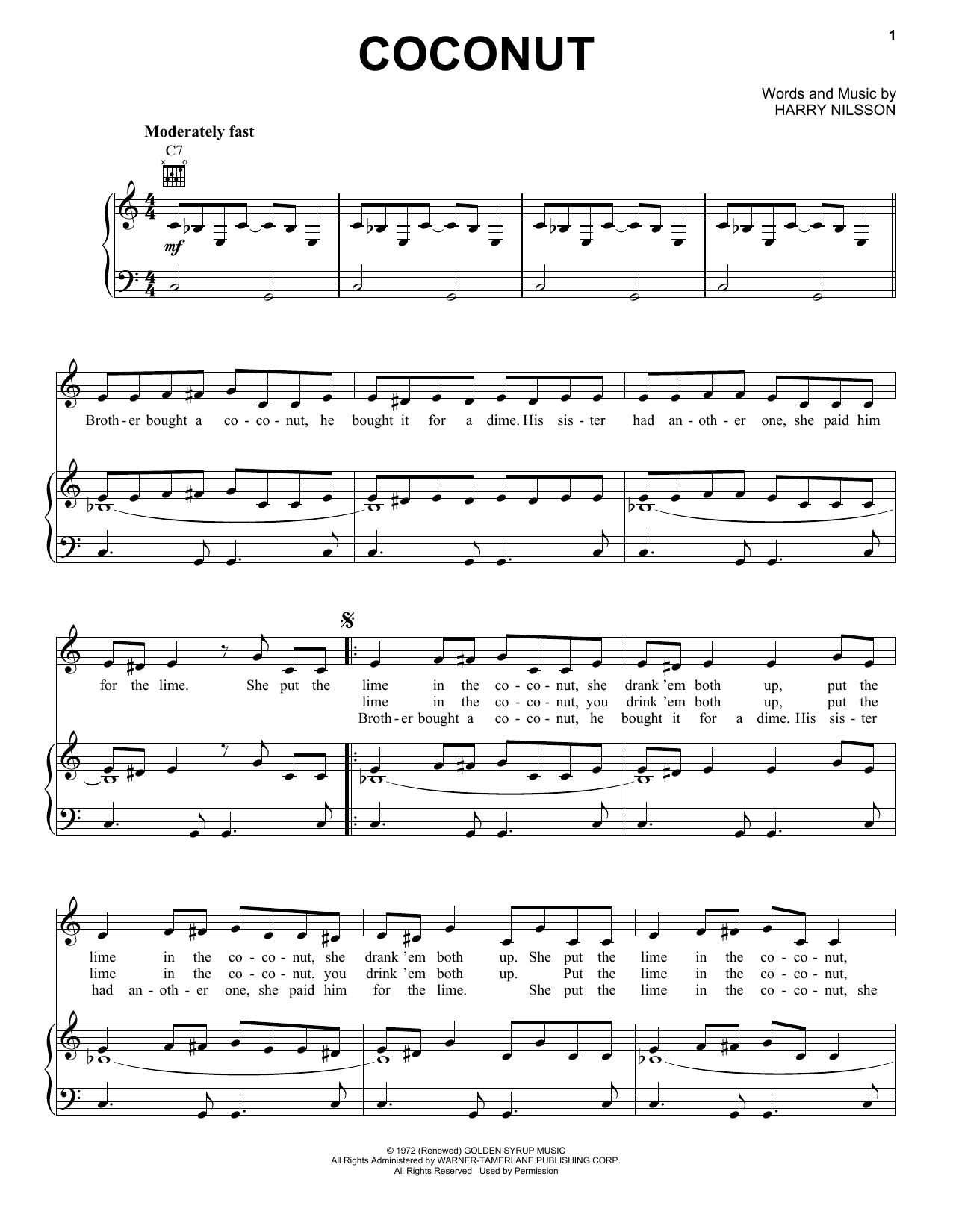 Preview Harry Nilsson Coconut Pop sheet music, notes and chords for Piano, Vocal & Guitar (Right-Hand Melody), SKU: 82222 Coconut sheet music