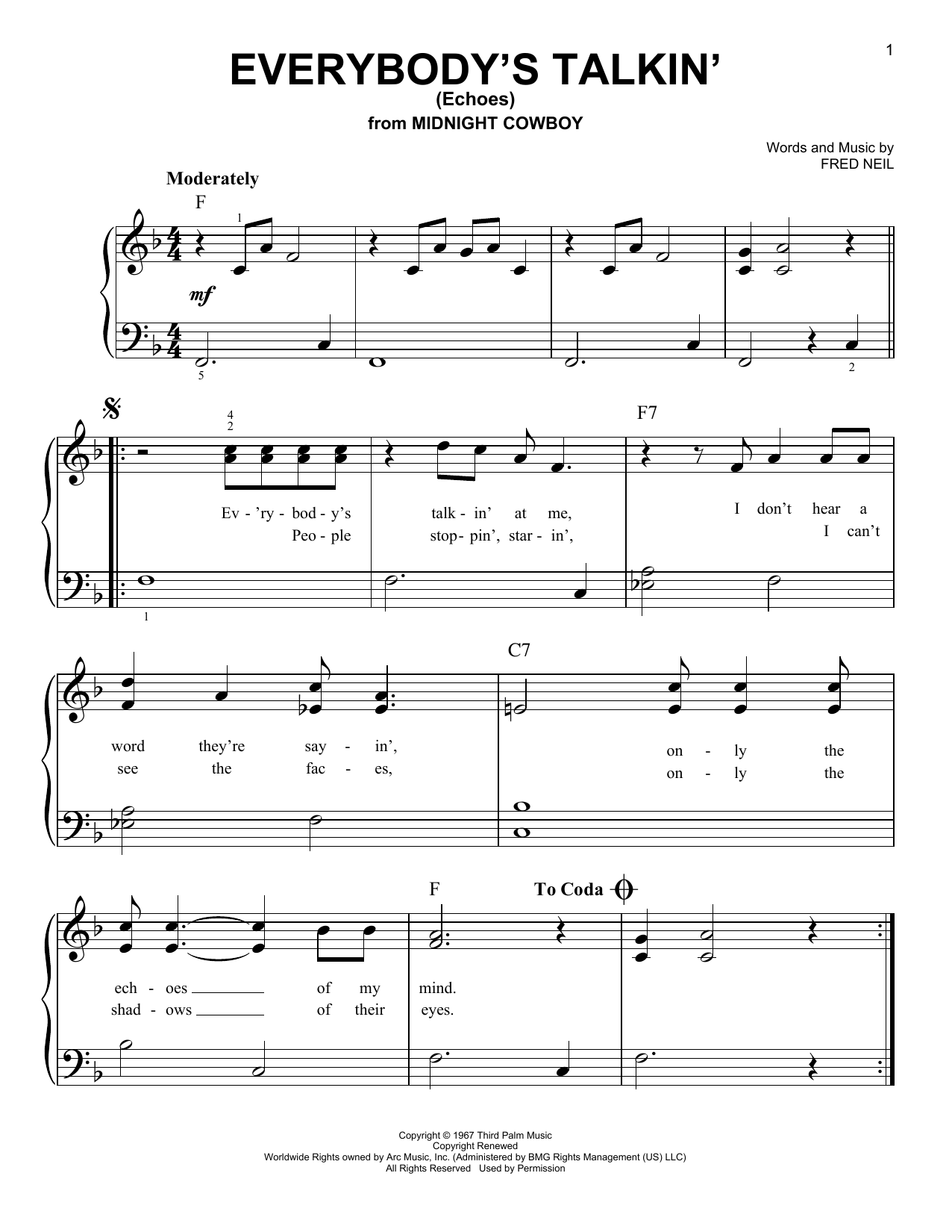 Preview Harry Nilsson Everybody's Talkin' (Echoes) Rock sheet music, notes and chords for Cello, SKU: 176236 Everybody's Talkin' (Echoes) sheet music