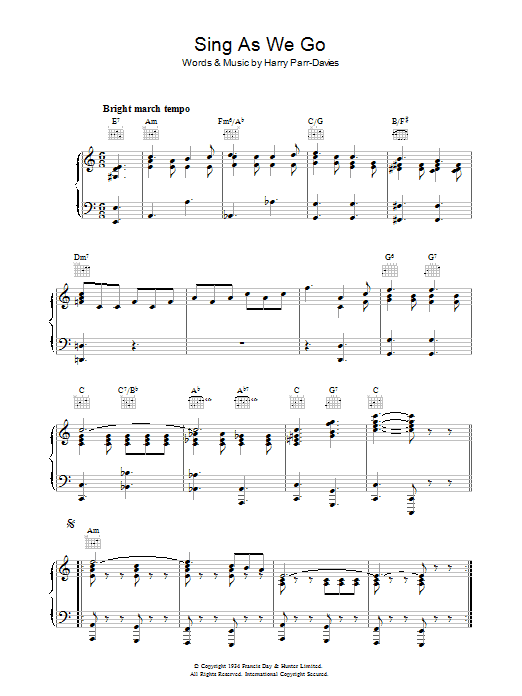 Preview Harry Parr-Davies Sing As We Go Pop sheet music, notes and chords for Piano, Vocal & Guitar (Right-Hand Melody), SKU: 37054 Sing As We Go sheet music