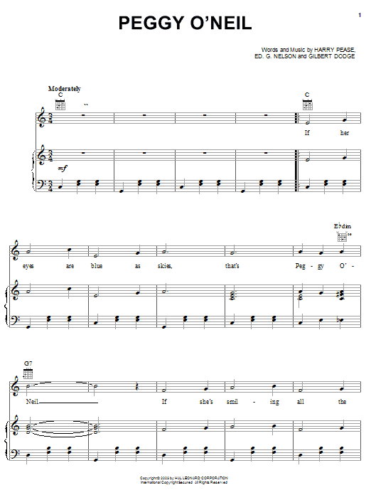 Preview Harry Pease Peggy O'Neil World sheet music, notes and chords for Piano, Vocal & Guitar (Right-Hand Melody), SKU: 25955 Peggy O'Neil sheet music
