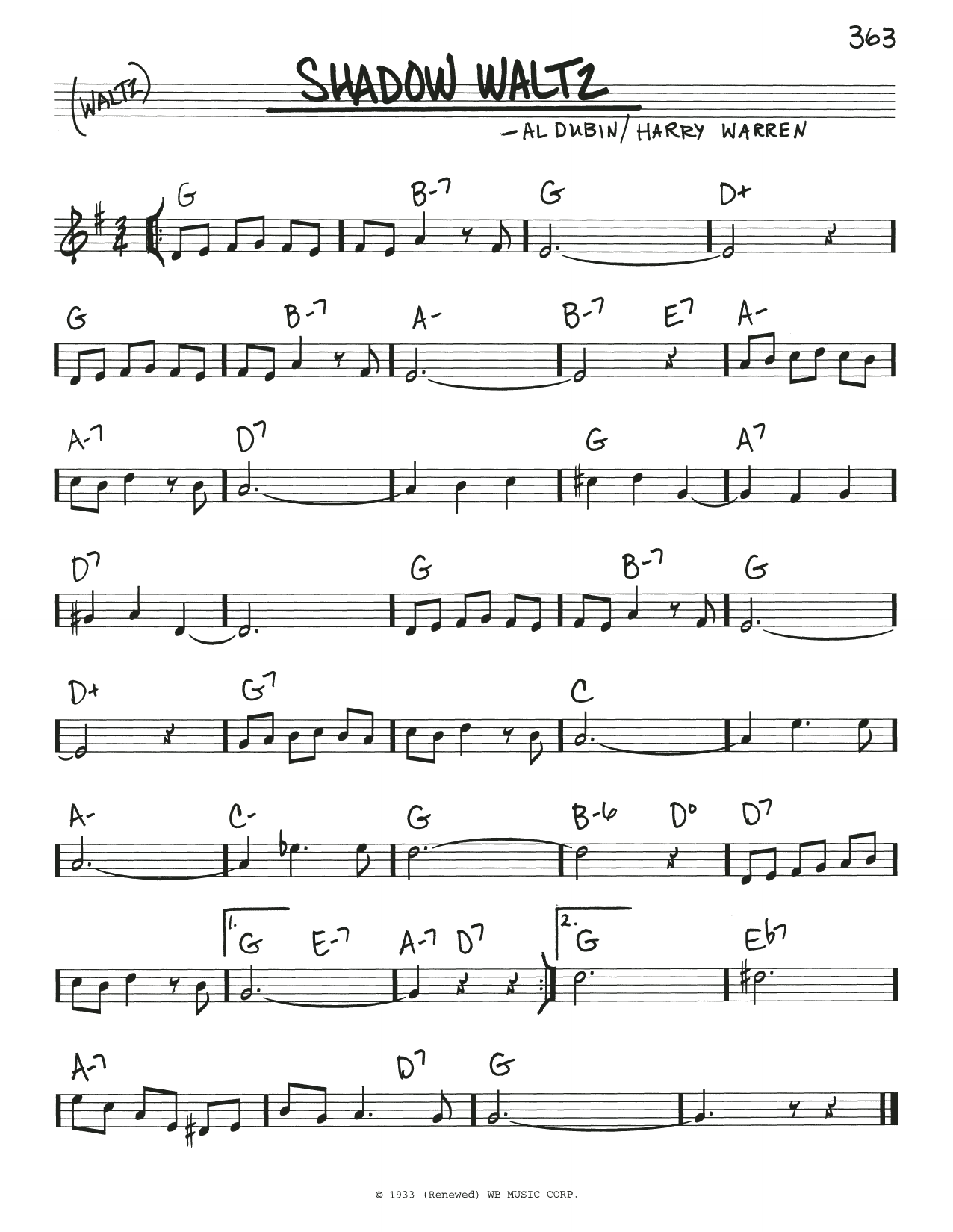 Preview Harry Warren Shadow Waltz Pop sheet music, notes and chords for Piano, Vocal & Guitar (Right-Hand Melody), SKU: 37471 Shadow Waltz sheet music