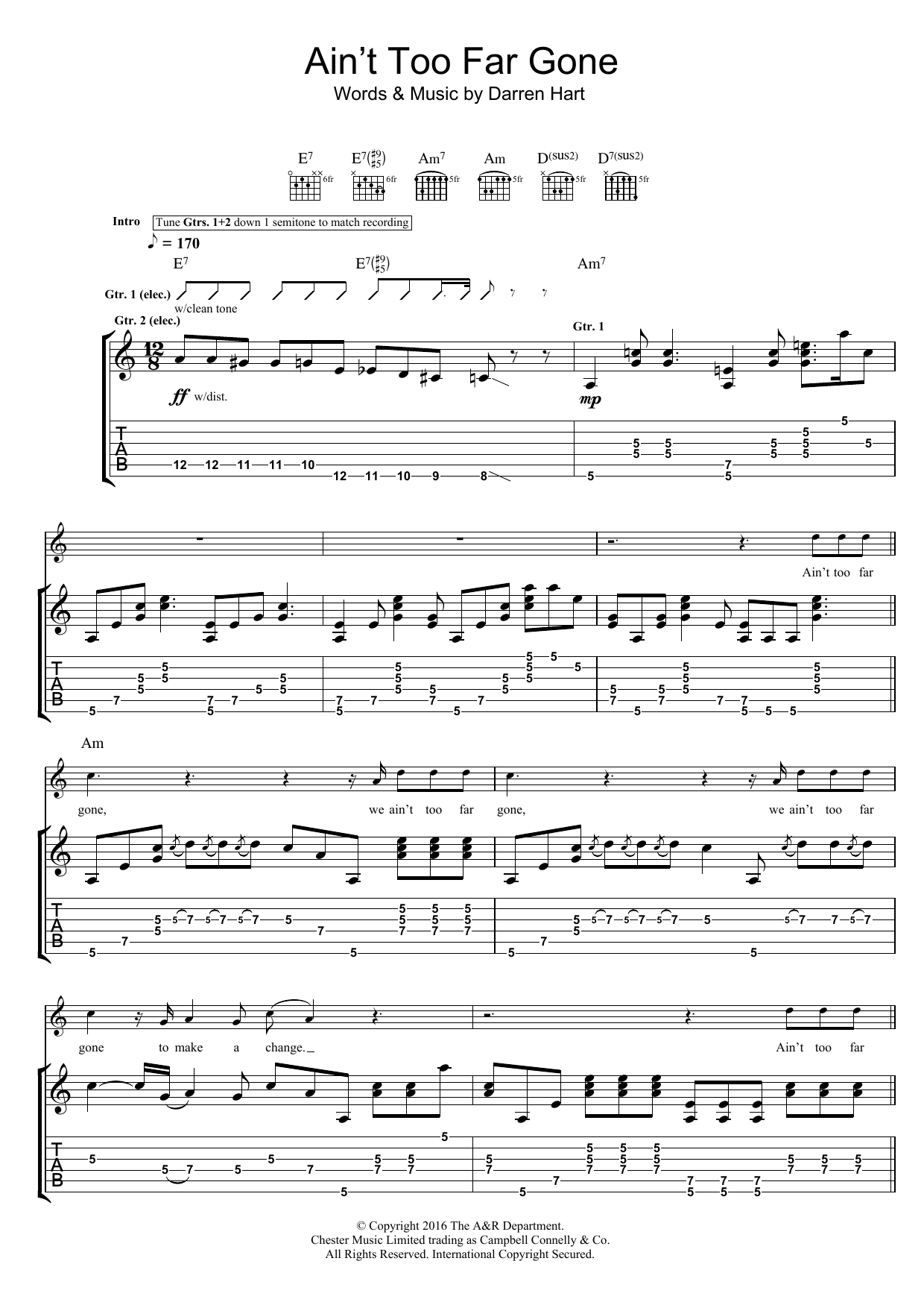 Harts Ain't Too Far Gone Sheet Music Notes & Chords for Guitar Tab - Download or Print PDF