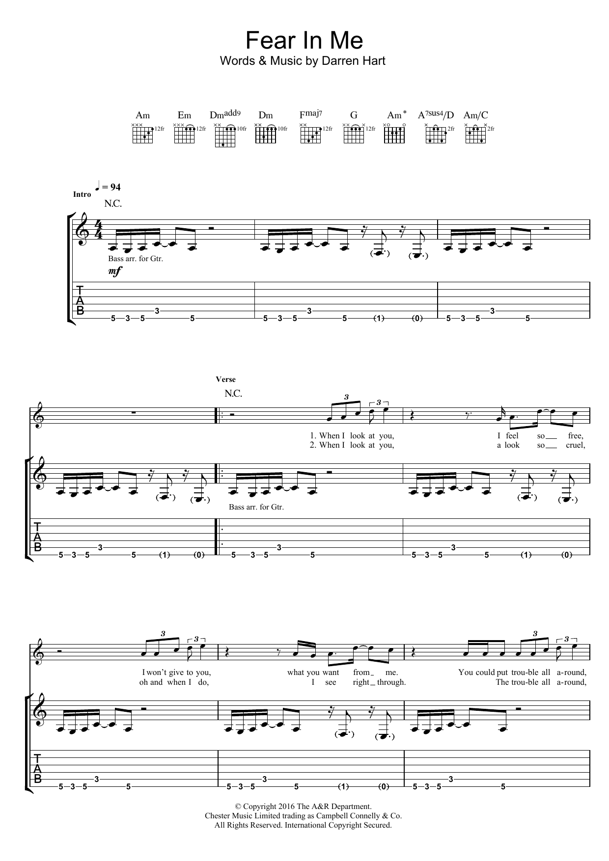 Harts Fear In Me Sheet Music Notes & Chords for Guitar Tab - Download or Print PDF