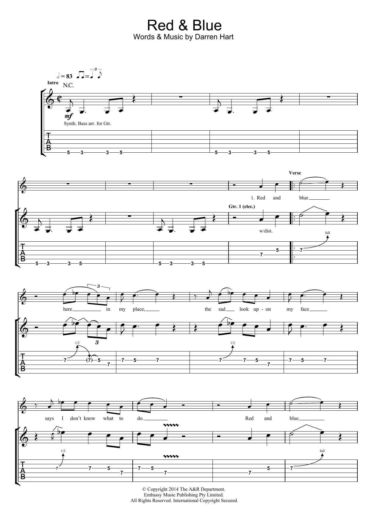 Harts Red And Blue Sheet Music Notes & Chords for Guitar Tab - Download or Print PDF