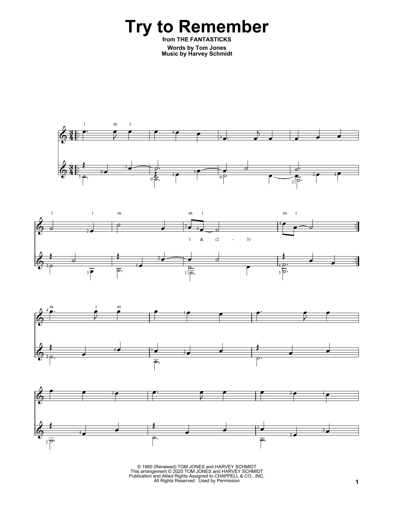 Harvey Schmidt Try To Remember (from The Fantasticks) Sheet Music Notes & Chords for Solo Guitar - Download or Print PDF