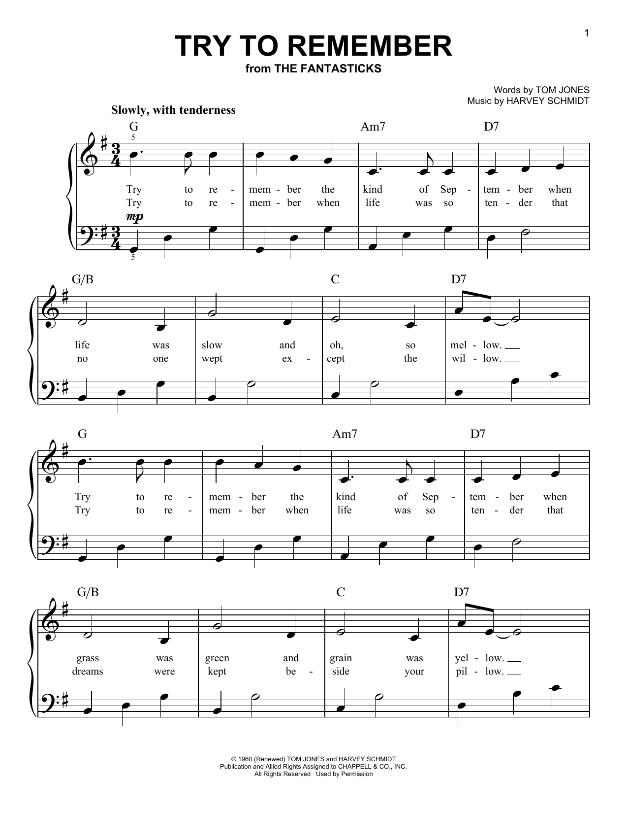 Harvey Schmidt Try To Remember Sheet Music Notes & Chords for Piano, Vocal & Guitar (Right-Hand Melody) - Download or Print PDF