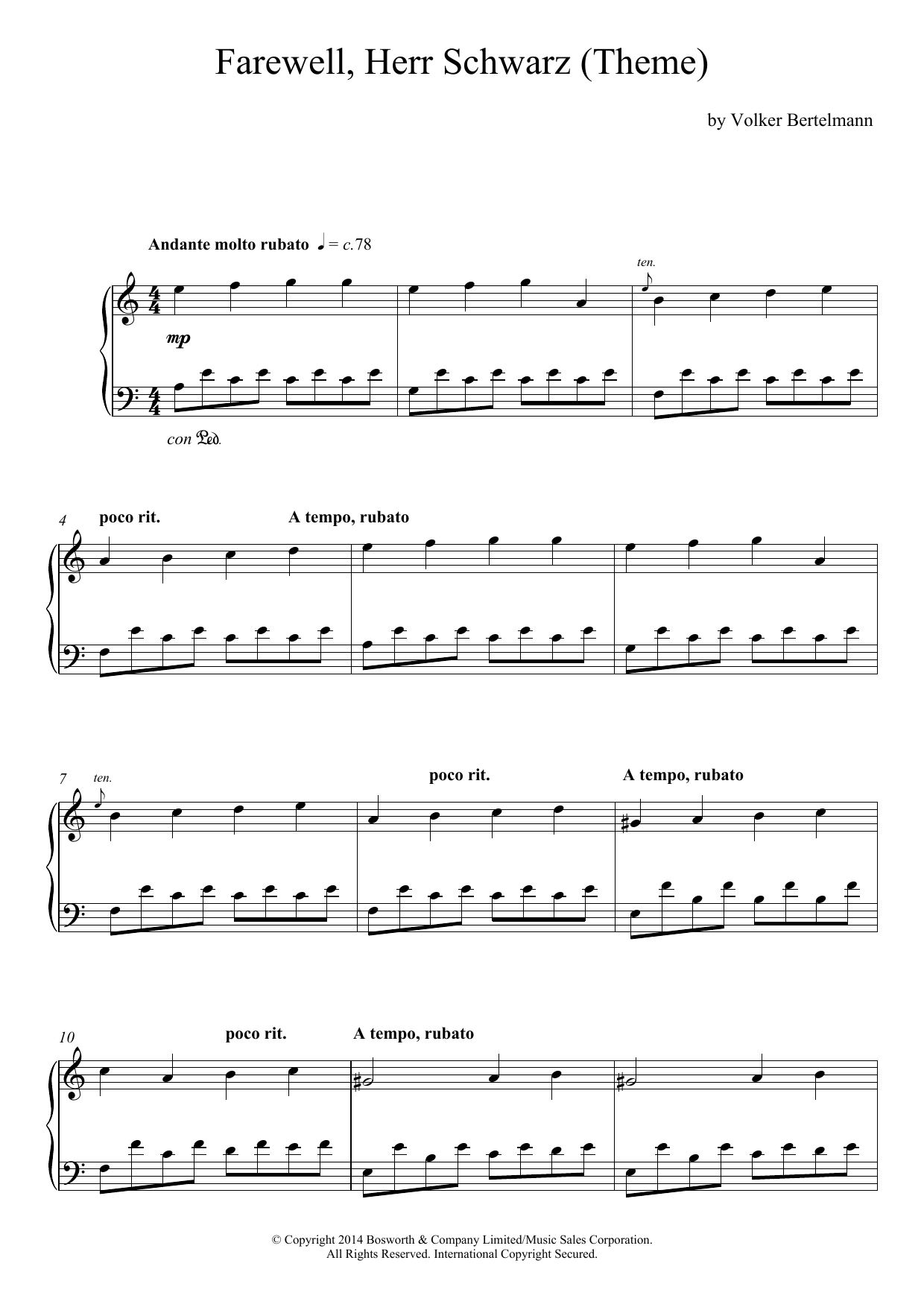 Hauschka Farewell, Herr Schwarz (Theme) Sheet Music Notes & Chords for Piano - Download or Print PDF